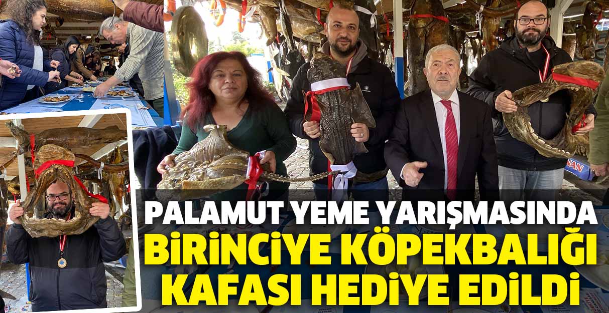 Palamut yeme yarışmasında birinciye köpekbalığı kafasını hediye edildi